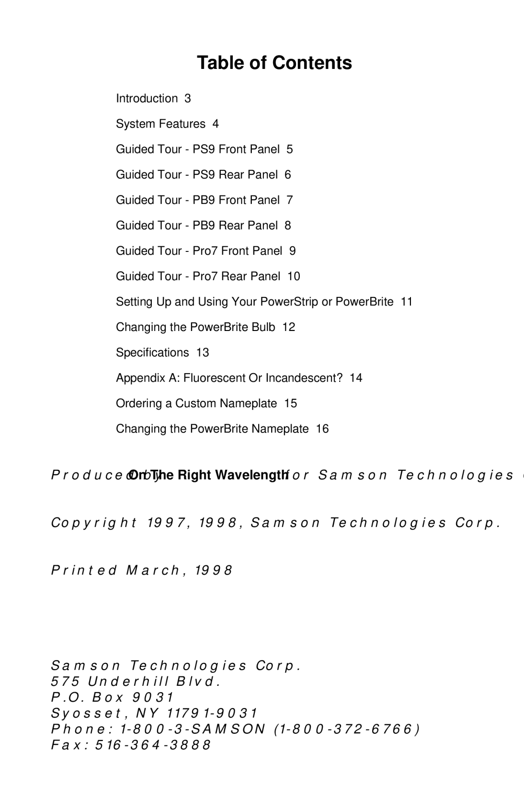 Samson PBPRO7, PS9, PB9 owner manual Table of Contents 