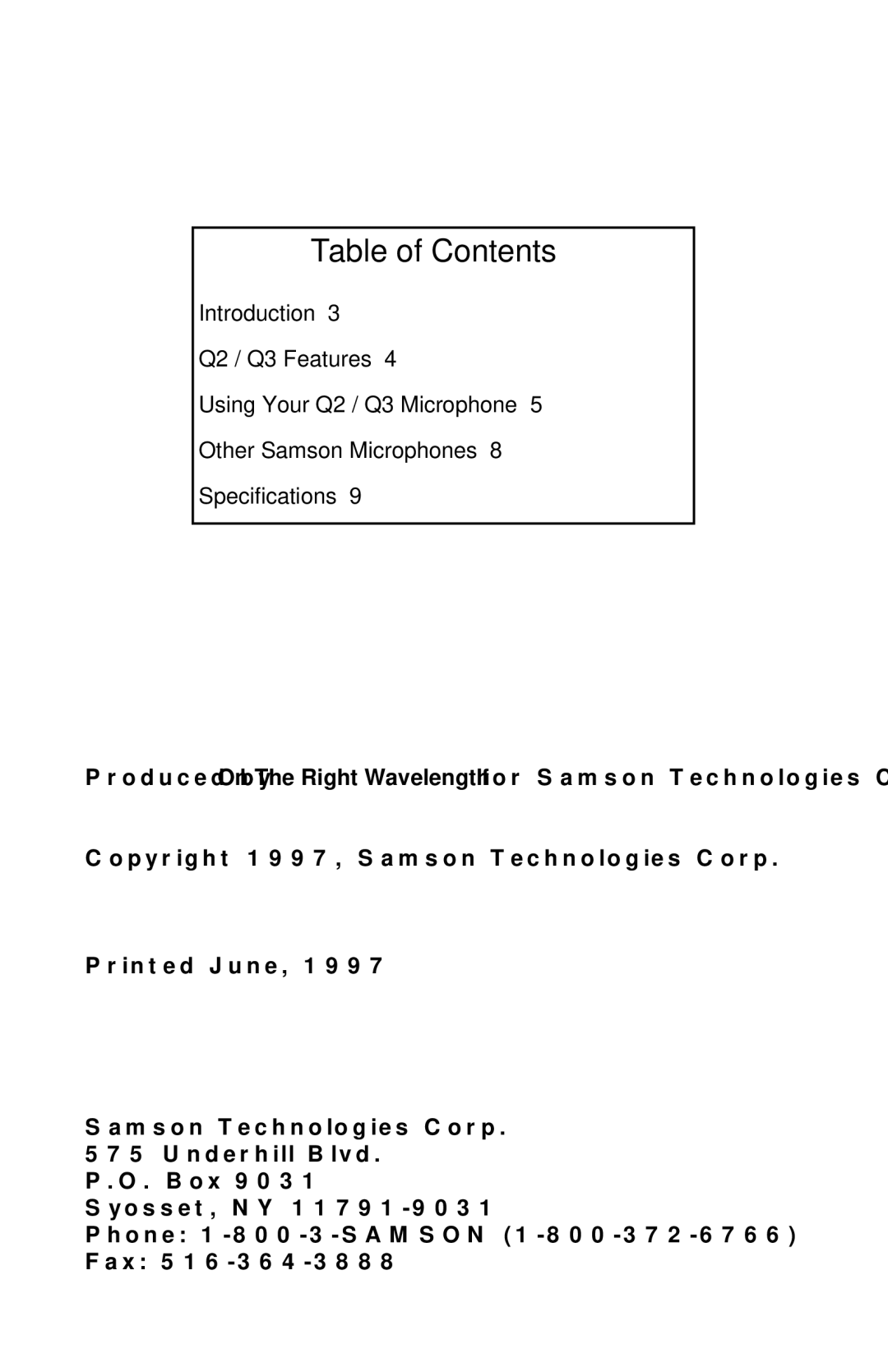 Samson Q3, Q2 owner manual Table of Contents 