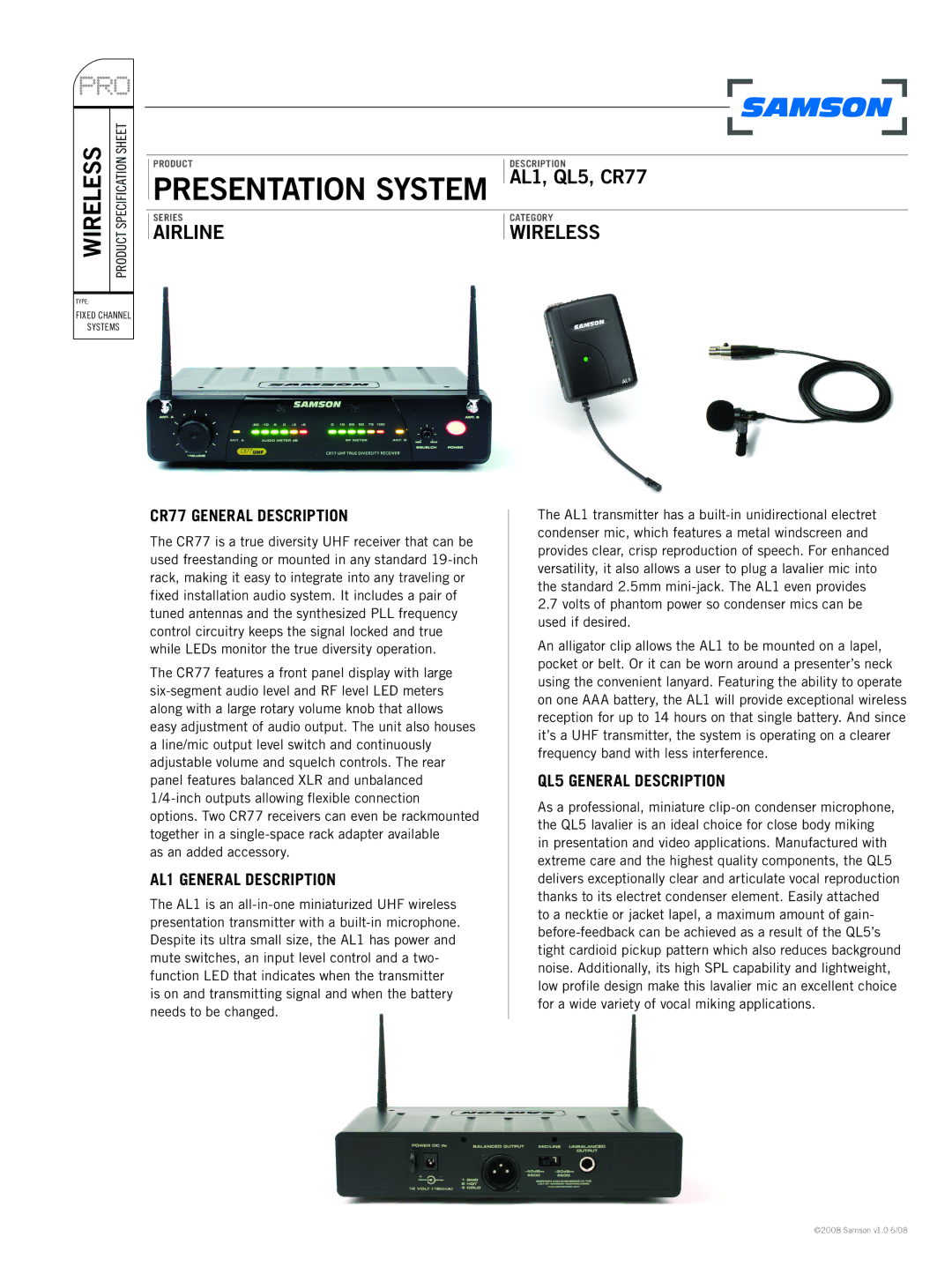 Samson specifications Airline, Wireless, CR77 General Description, AL1 General Description, QL5 General Description 