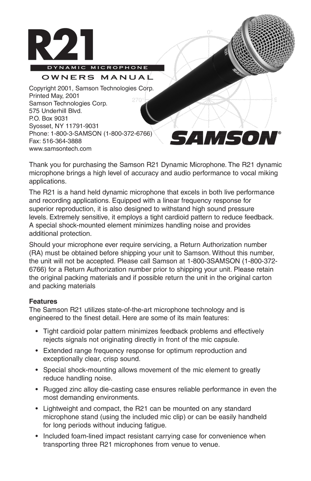 Samson R21 owner manual Features, N E R S M a N U a L 