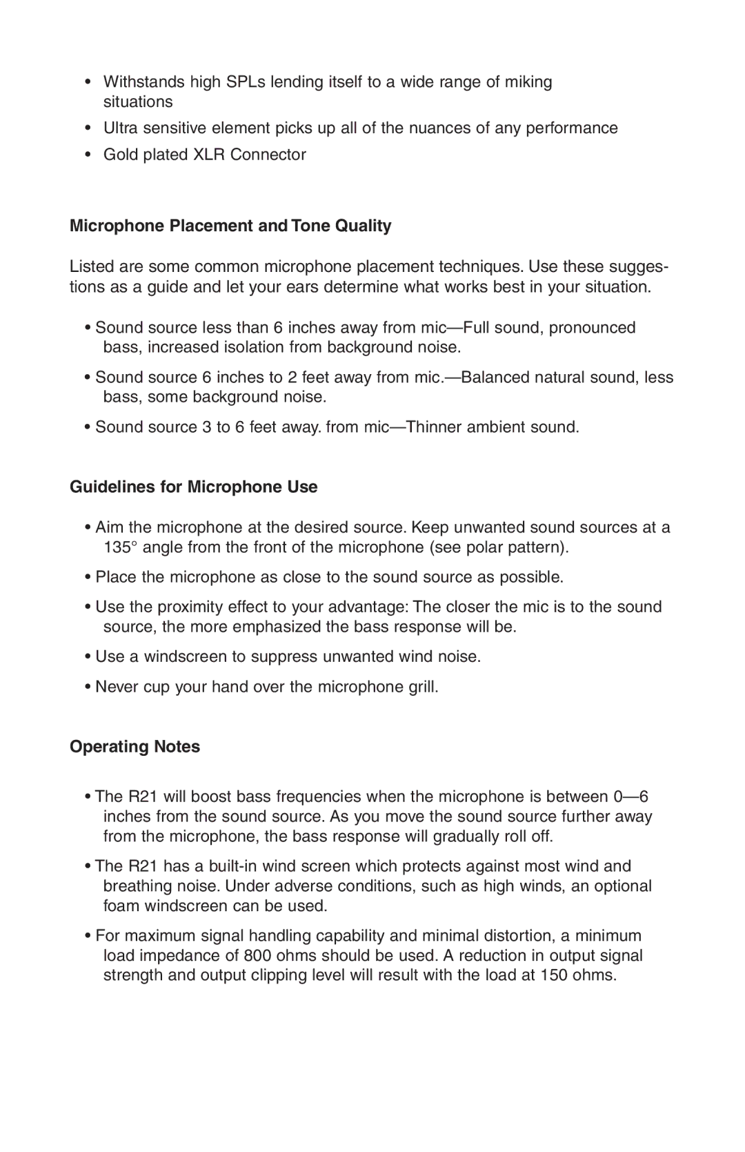 Samson R21 owner manual Microphone Placement and Tone Quality, Guidelines for Microphone Use, Operating Notes 