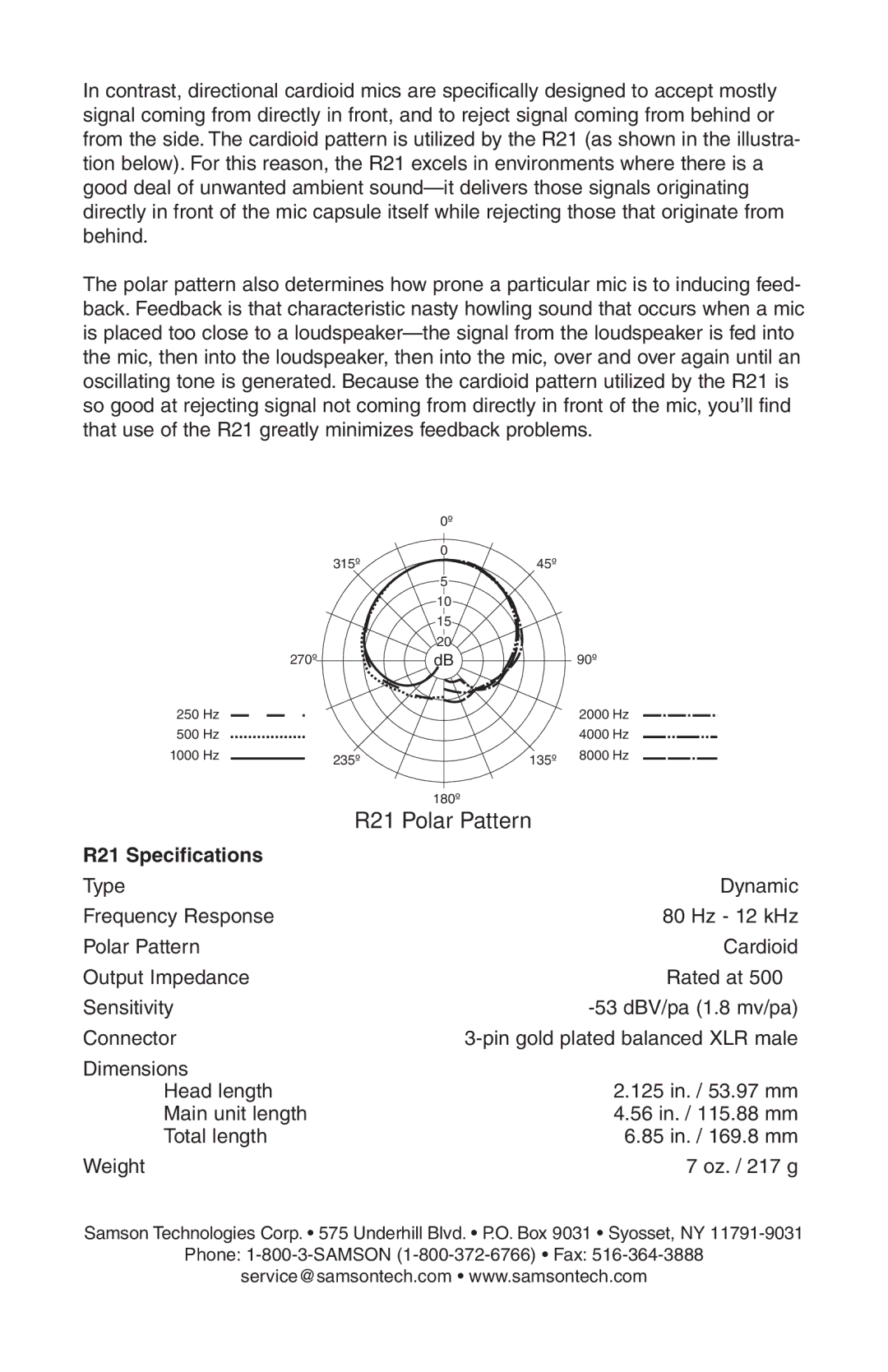 Samson owner manual R21 Polar Pattern, R21 Specifications 