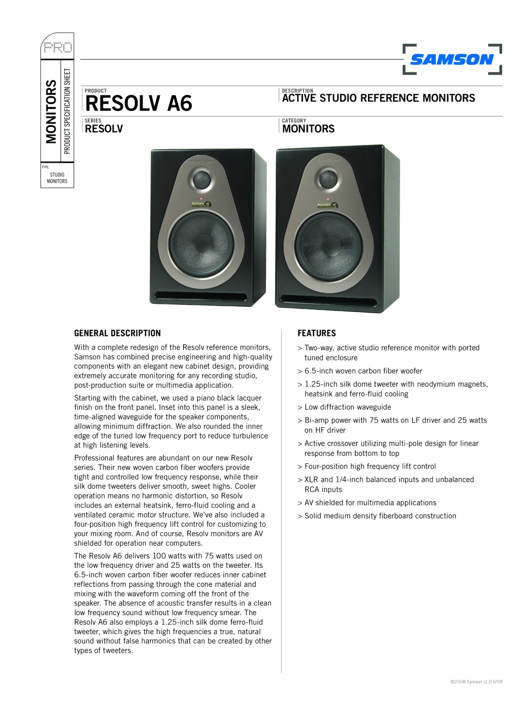 Samson RESOLV A6 specifications Resolv A6, Active Studio Reference Monitors 