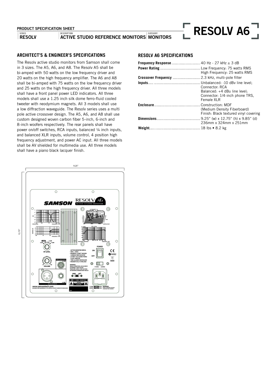 Samson RESOLV A6 specifications ARCHITECT’S & ENGINEER’S Specifications, Resolv A6 Specifications 