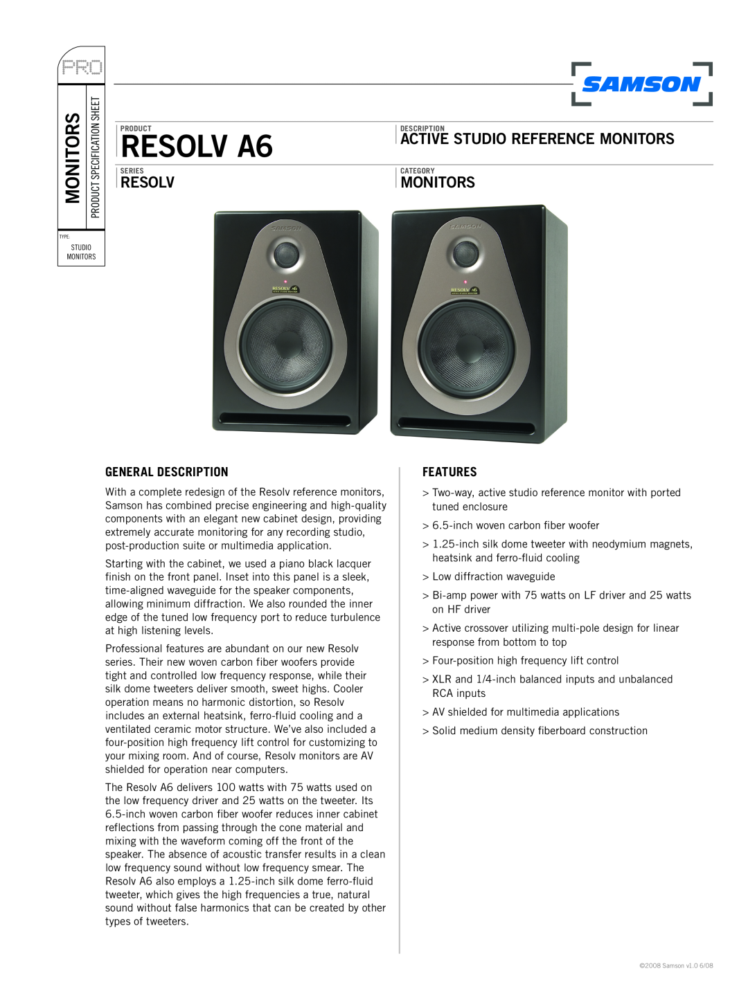 Samson RESOLV A6 specifications General Description, Features, Resolv, Active Studio Reference Monitors 