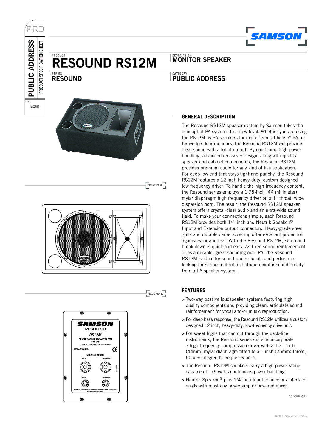 Samson RESOUND RS12M specifications Resound RS12M, Monitor Speaker, Resound Public Address, General Description, Features 