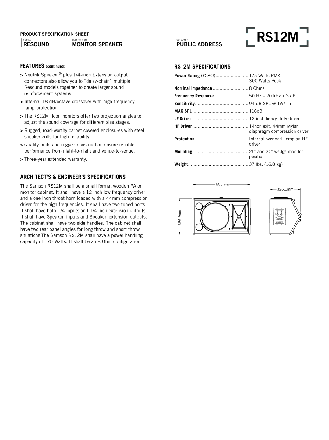 Samson RESOUND RS12M specifications Resound, ARCHITECT’S & ENGINEER’S Specifications, RS12M Specifications, Monitor Speaker 