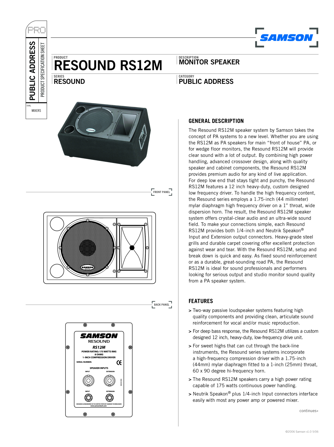 Samson RESOUND RS12M specifications General Description, Features, Public Address, Monitor Speaker, Resound 