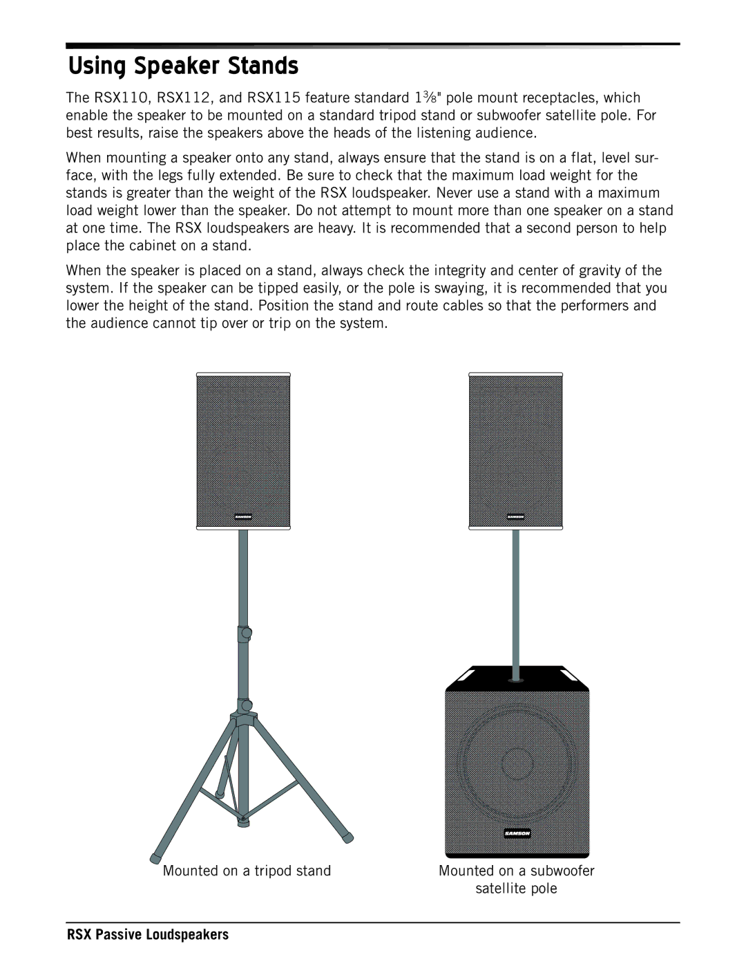 Samson RSX115, RSX110, RSX215, RSX1185, RSX112 owner manual Using Speaker Stands 