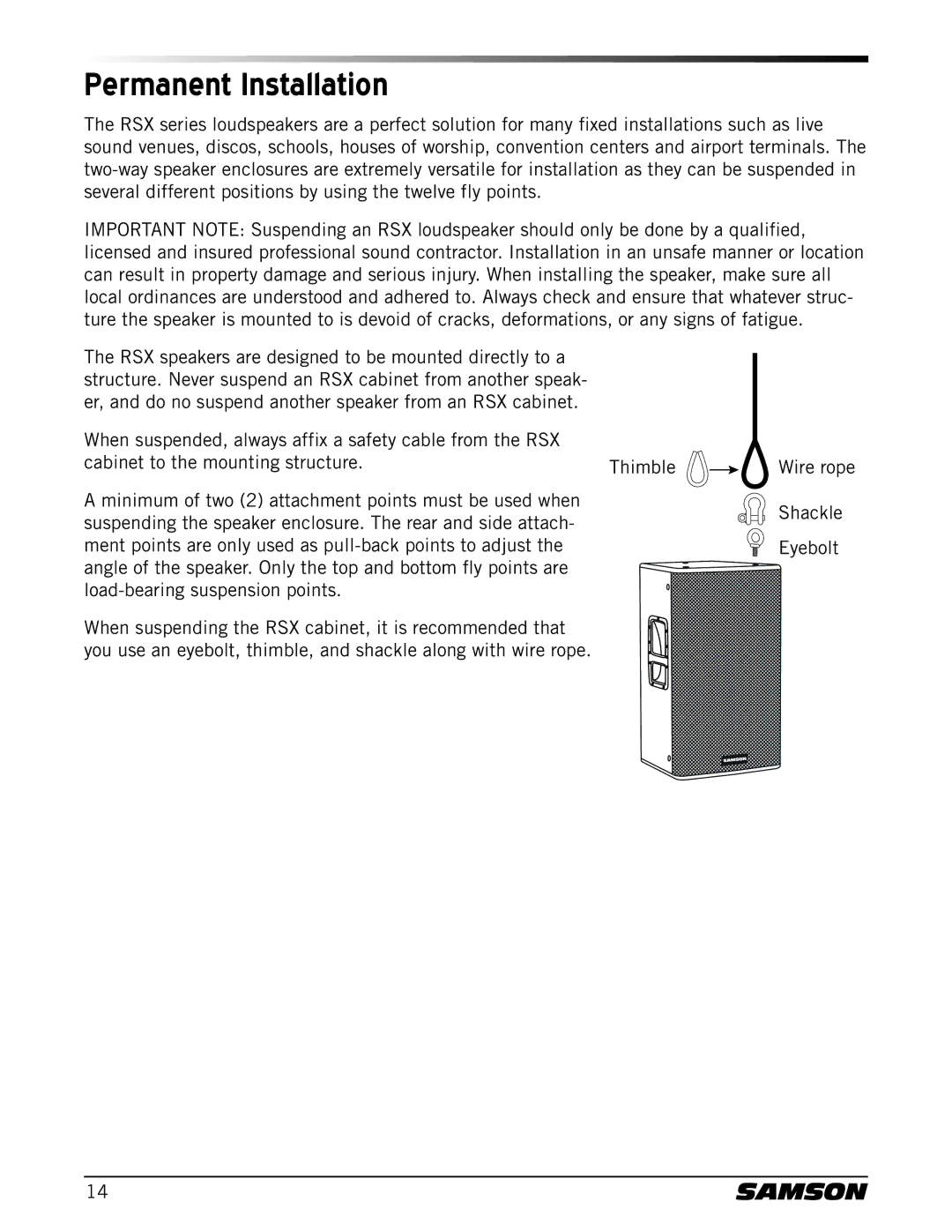 Samson RSX112, RSX115, RSX110, RSX215, RSX1185 owner manual Permanent Installation 