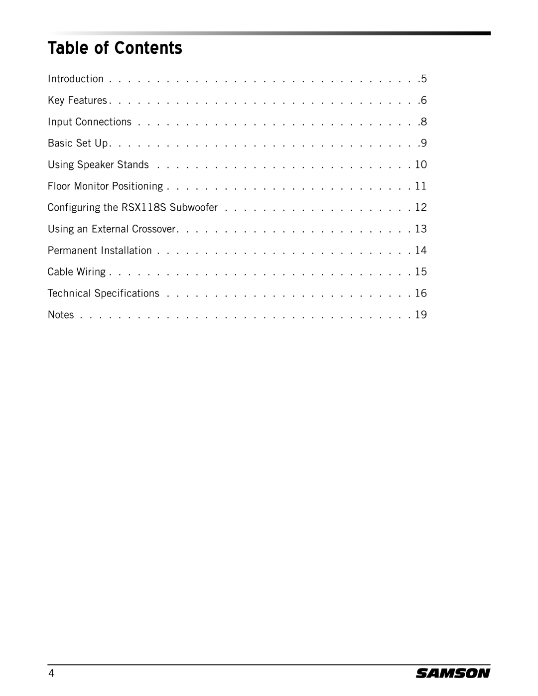 Samson RSX112, RSX115, RSX110, RSX215, RSX1185 owner manual Table of Contents 