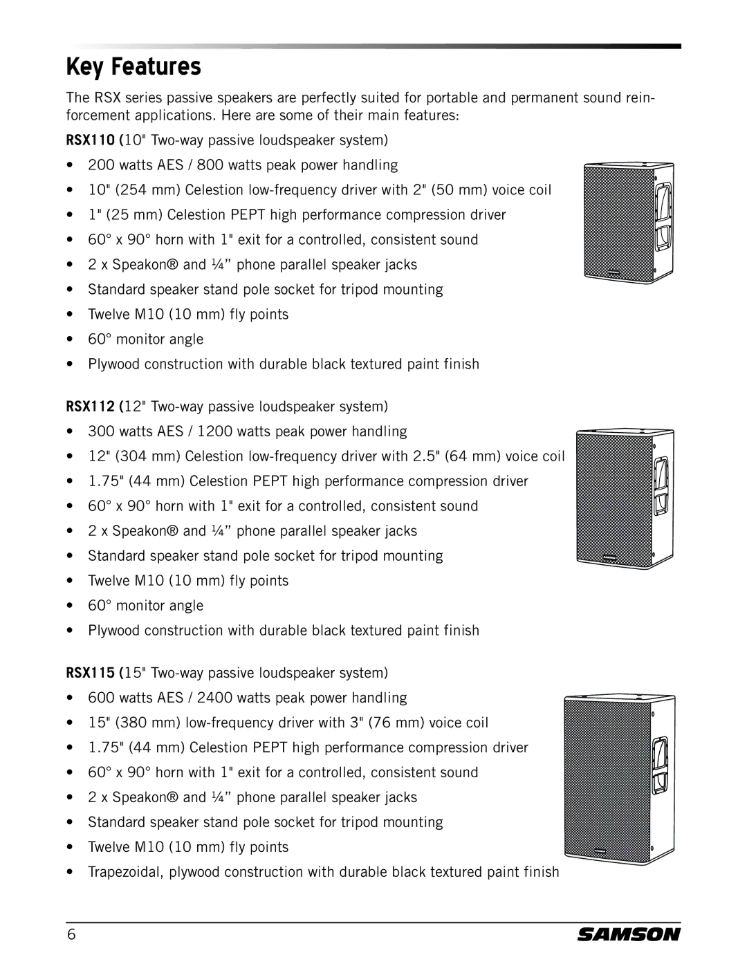 Samson RSX110, RSX115, RSX215, RSX1185, RSX112 owner manual Key Features 