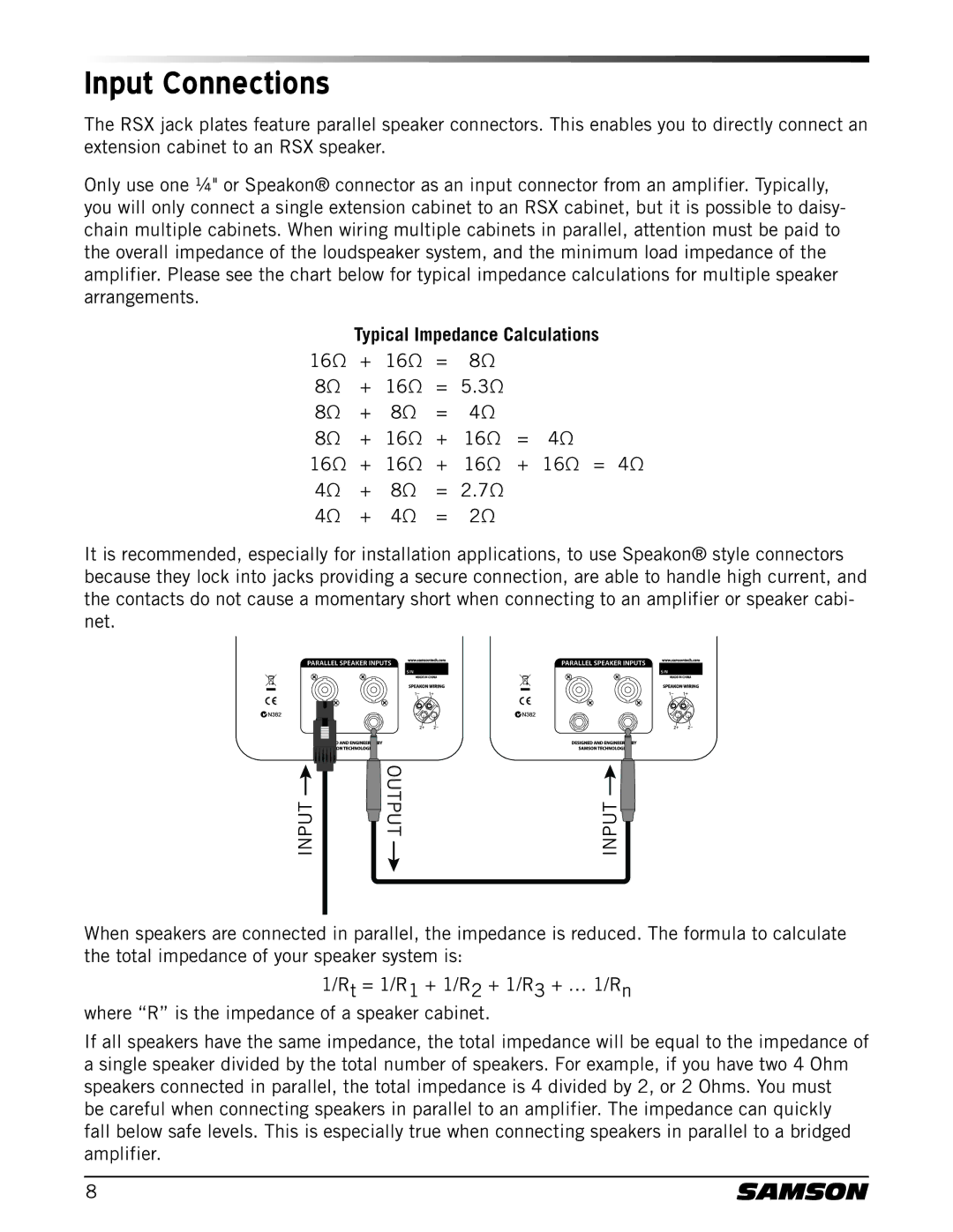 Samson RSX1185, RSX115, RSX110, RSX215, RSX112 owner manual Input Connections, Typical Impedance Calculations 