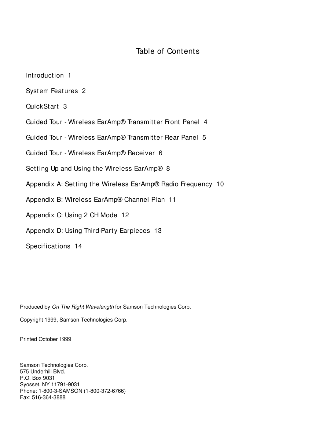 Samson RT80 owner manual Table of Contents 