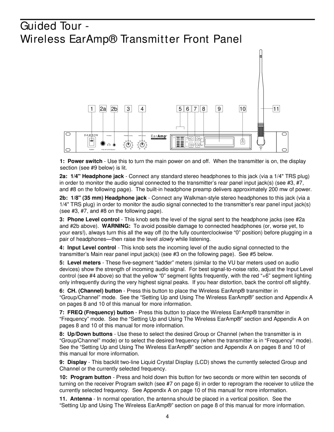 Samson RT80 owner manual Guided Tour Wireless EarAmp Transmitter Front Panel, 2a 2b 