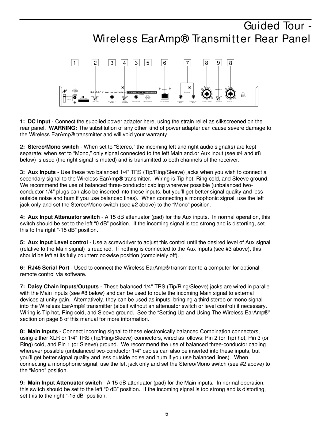 Samson RT80 owner manual Guided Tour Wireless EarAmp Transmitter Rear Panel 