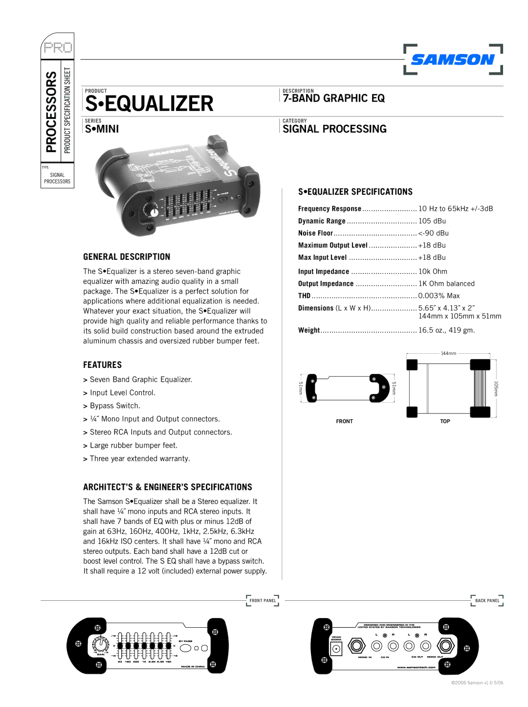 Samson S Equalizer specifications Sequalizer, Smini, Band Graphic EQ, Signal Processing 