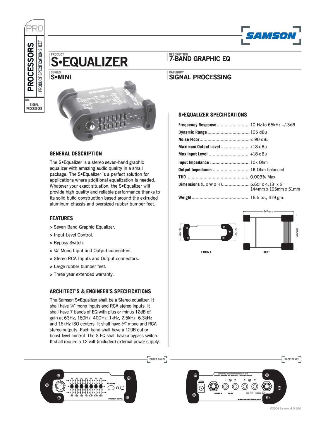 Samson S Equalizer specifications Processors, S Mini, Bandgraphic Eq, Signal Processing, General Description, Features 