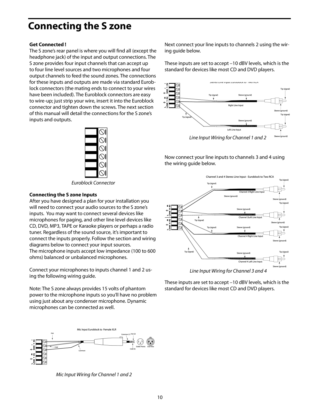 Samson manual Get Connected, Connecting the S zone Inputs 