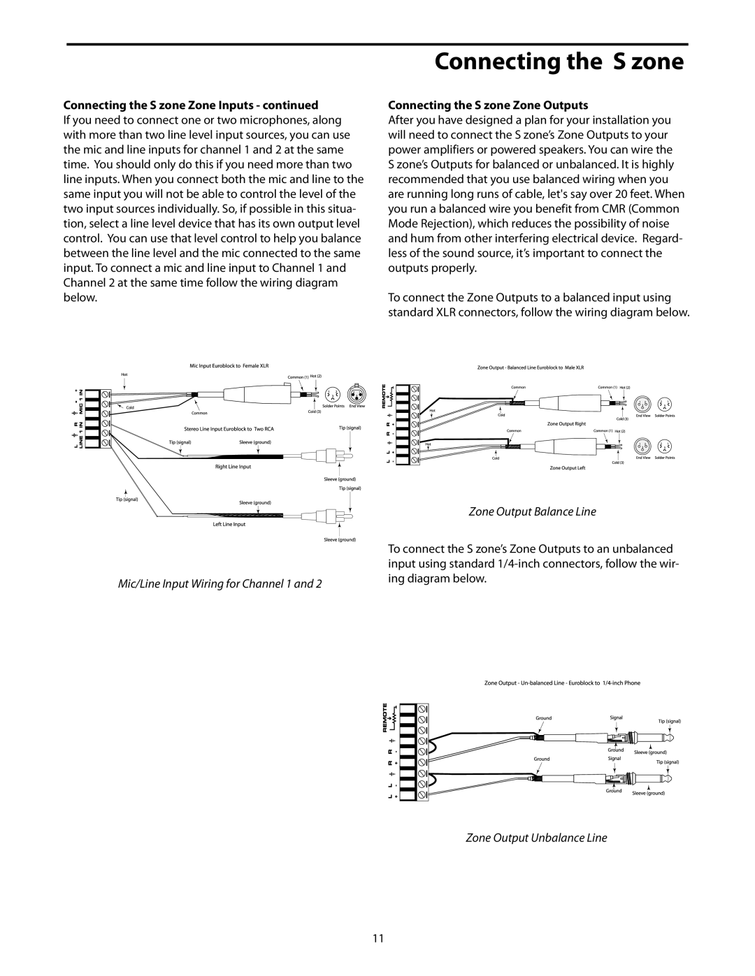 Samson manual Connecting the S zone Zone Inputs, Connecting the S zone Zone Outputs 