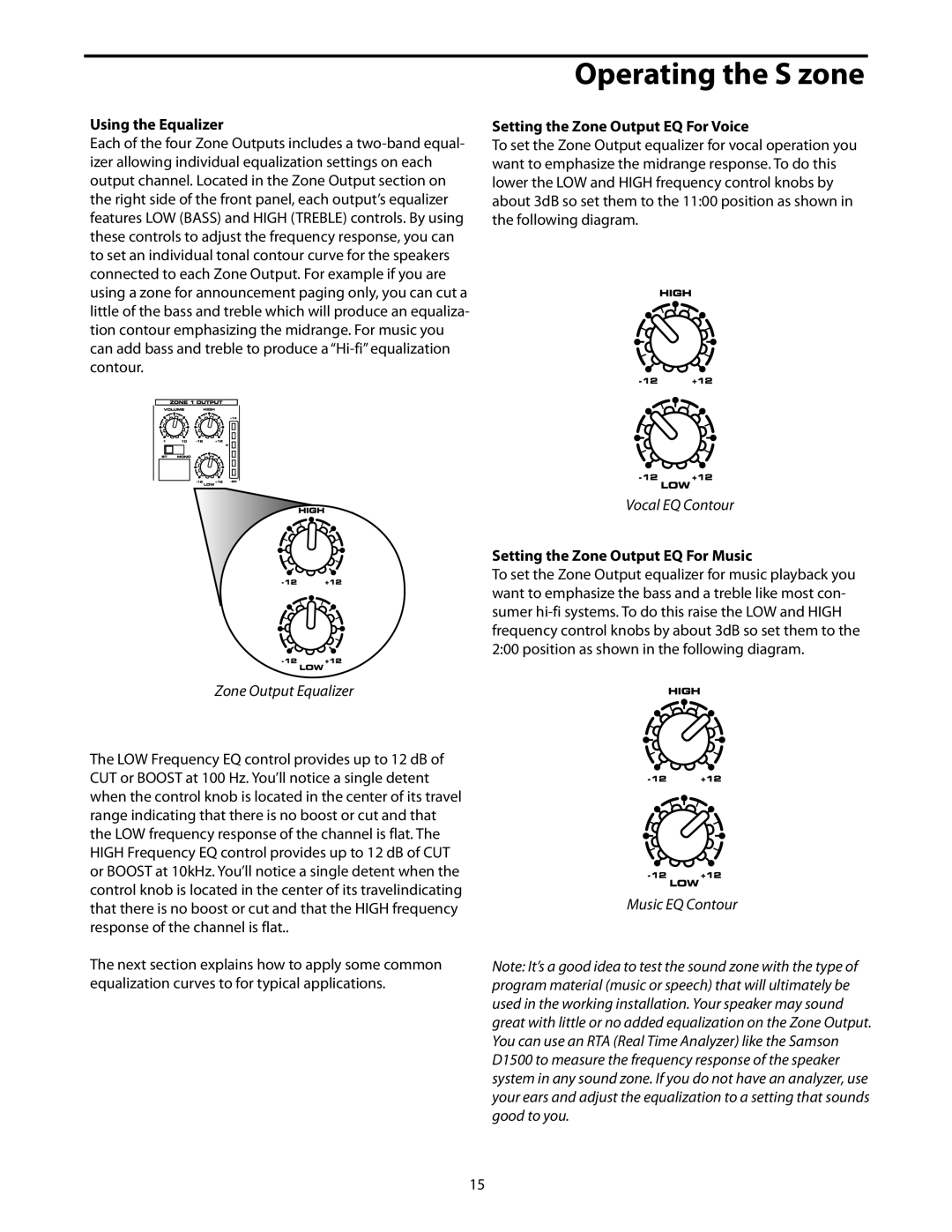 Samson S zone manual Using the Equalizer, Setting the Zone Output EQ For Voice, Setting the Zone Output EQ For Music 