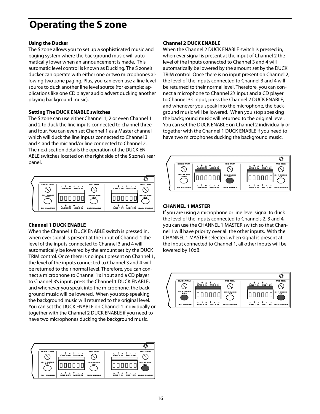 Samson S zone manual Using the Ducker, Setting The Duck Enable switches, Channel 1 Duck Enable, Channel 2 Duck Enable 