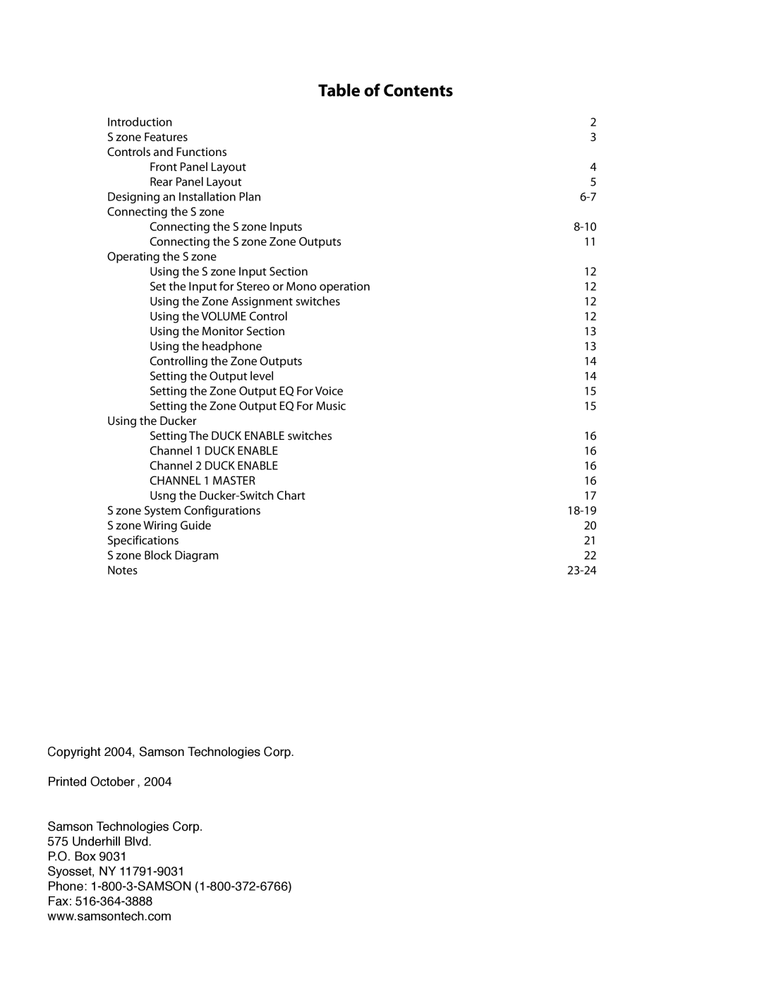 Samson S zone manual Table of Contents 