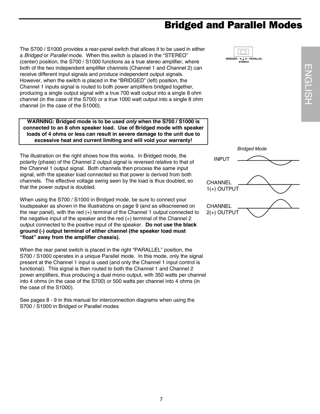 Samson s1000 / s700 owner manual Bridged and Parallel Modes 