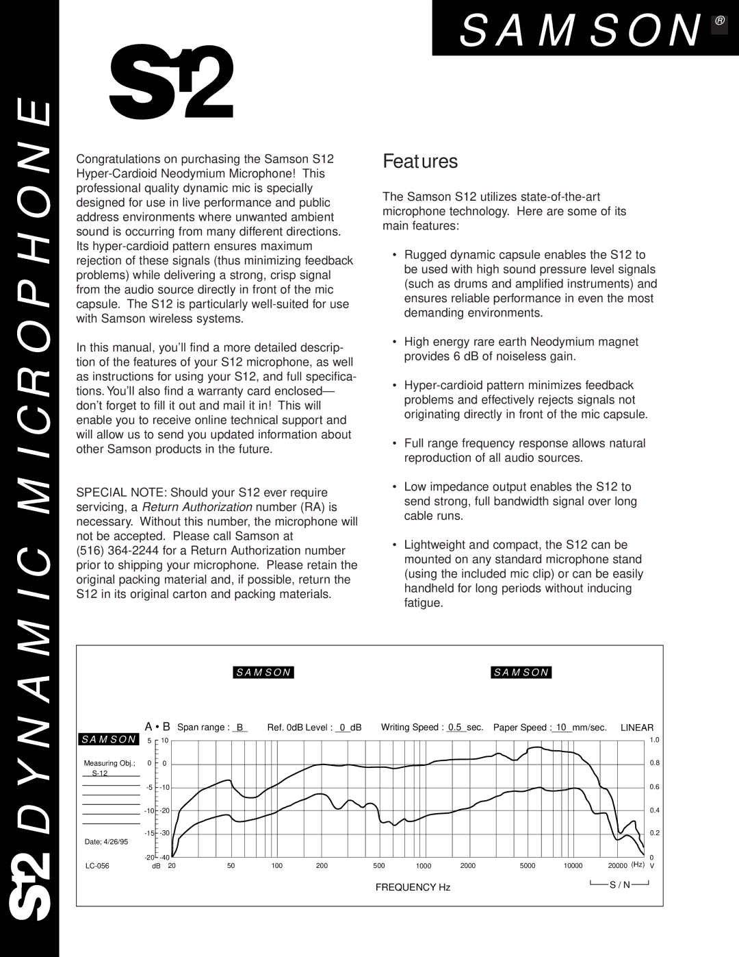 Samson S12 specifications Samson Microphone, Dynamic, Features 