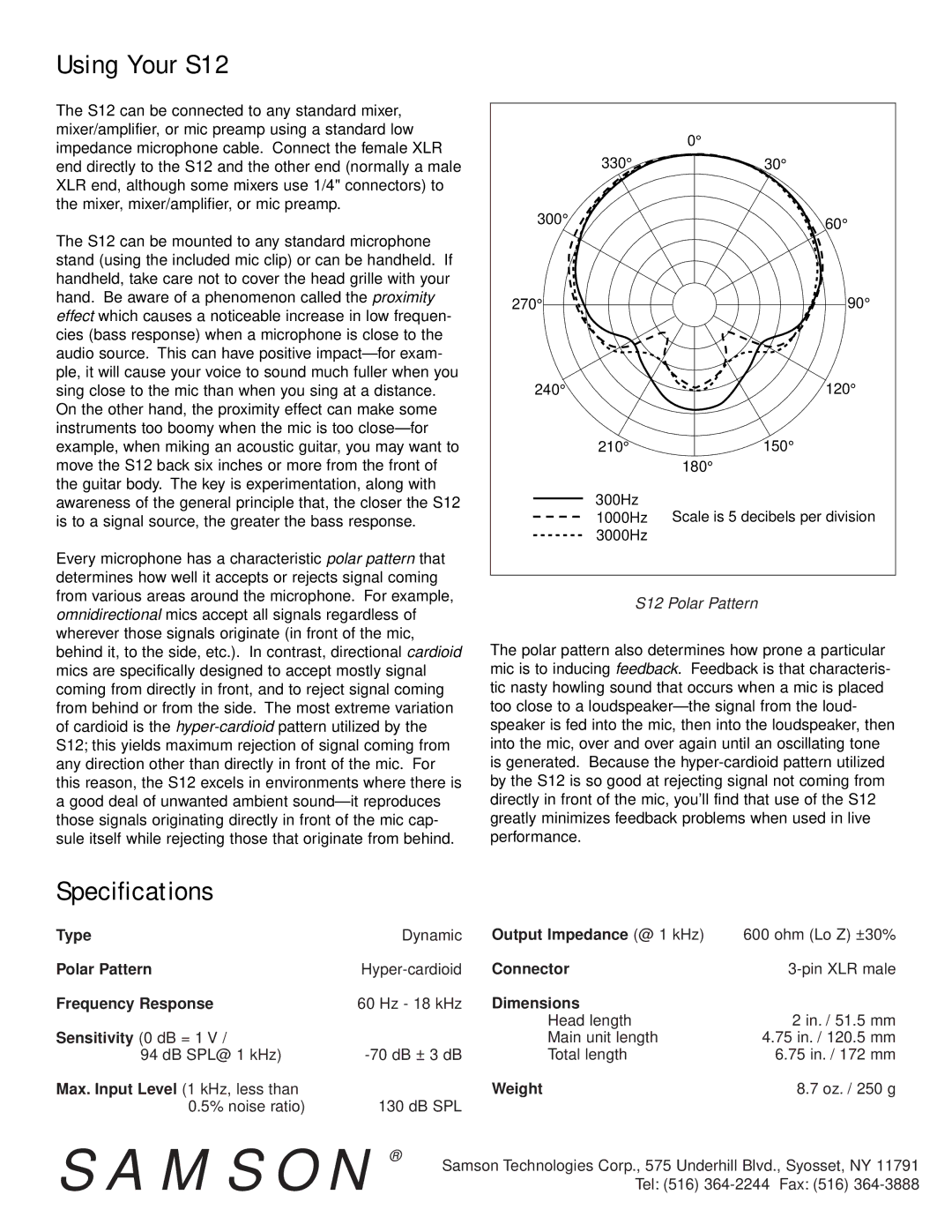 Samson specifications Using Your S12, Specifications 