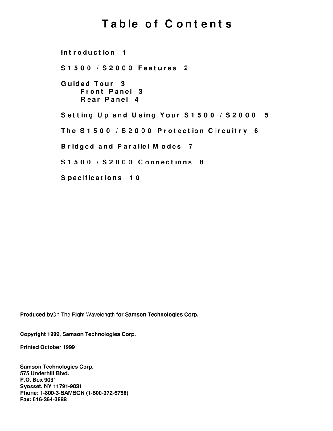 Samson S1500, S2000 owner manual Table of Contents 