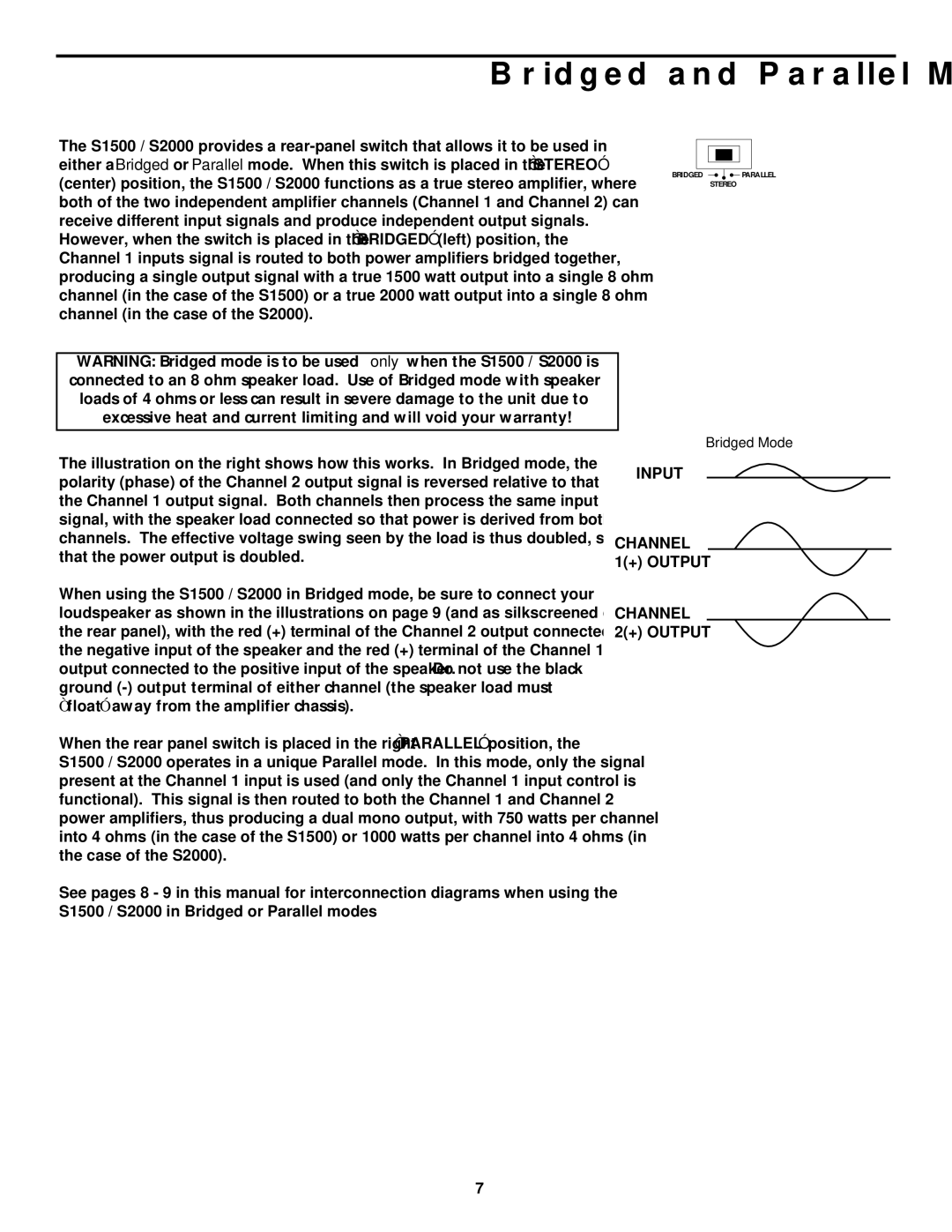 Samson S2000, S1500 owner manual Bridged and Parallel Modes 