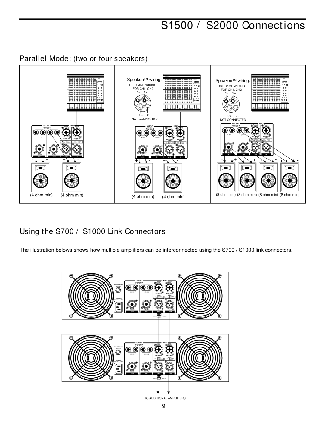 Samson Parallel Mode two or four speakers, S1500 / S2000 Connections, Using the S700 / S1000 Link Connectors, 1- 1+ 