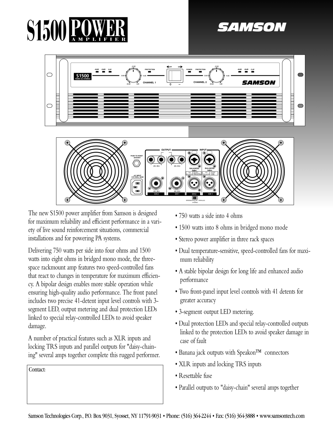 Samson S1500 manual Samson, Channel, Output Input 