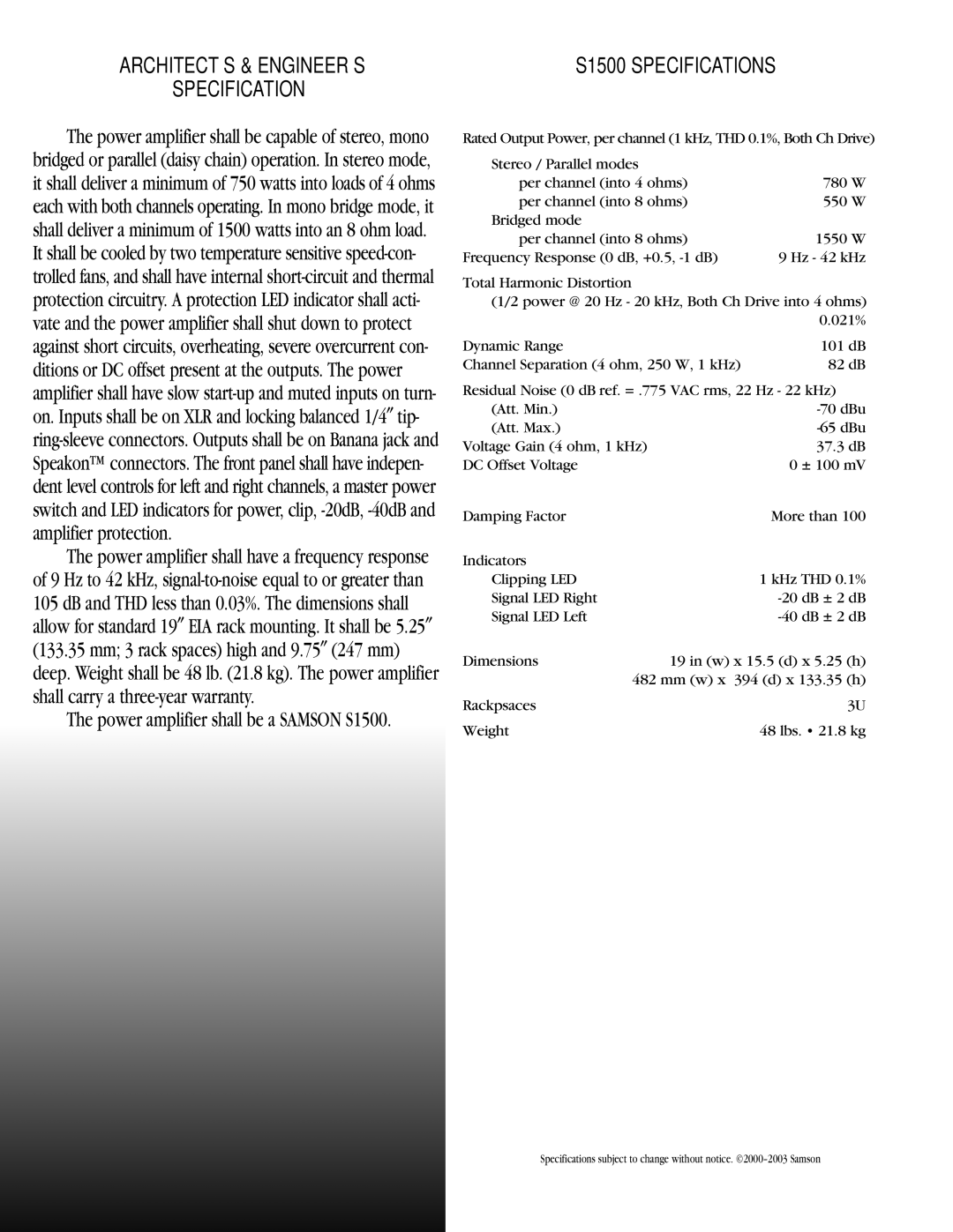 Samson manual ARCHITECT’S & ENGINEER’S Specification, S1500 Specifications 