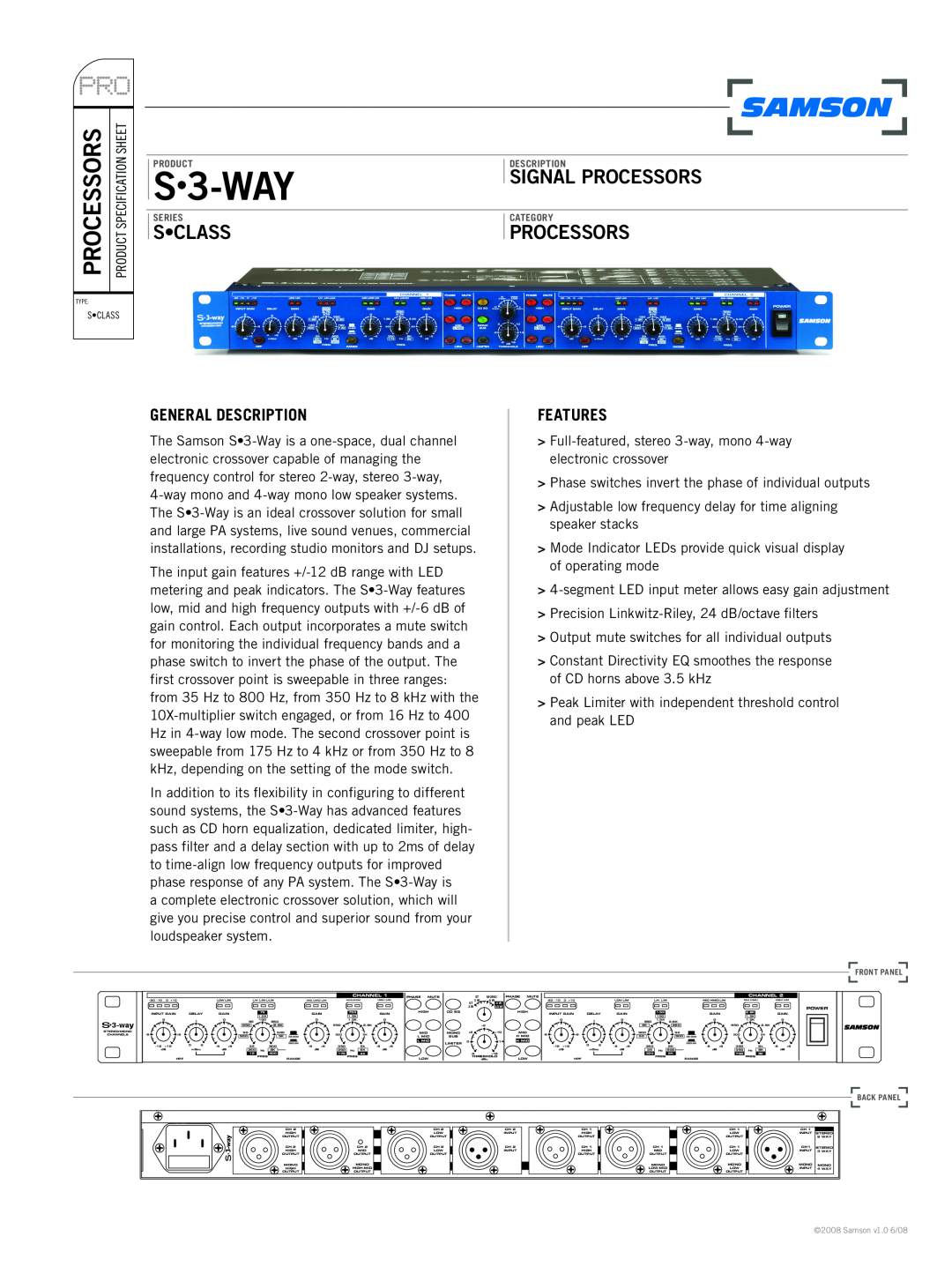 Samson S3-Way specifications General Description, Features, S3-WAY, Signal Processors, S Class 