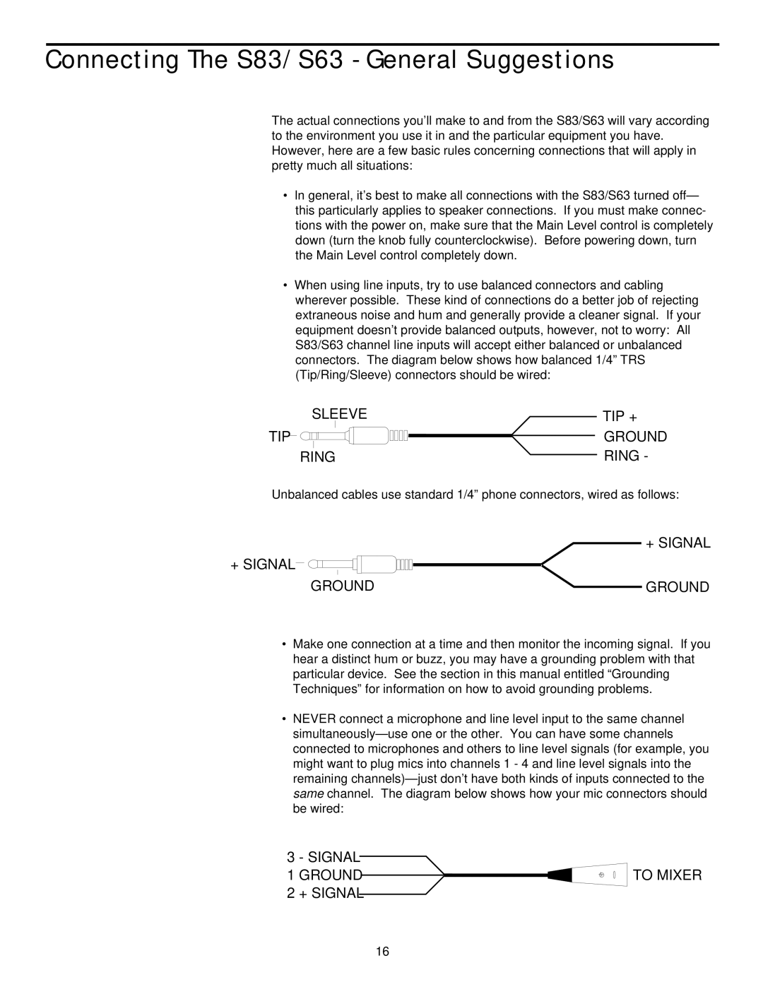 Samson S63, S83 manual Connecting The S83/S63 General Suggestions, + Signal Ground 