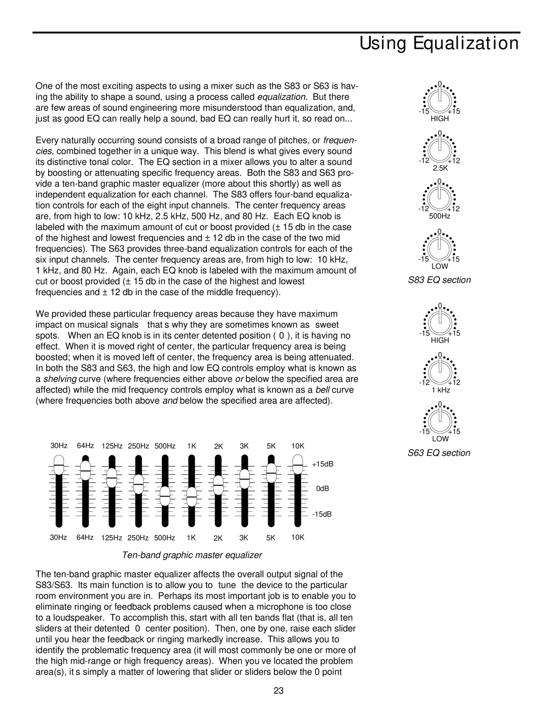Samson S63, S83 manual Using Equalization, S83 EQ section 