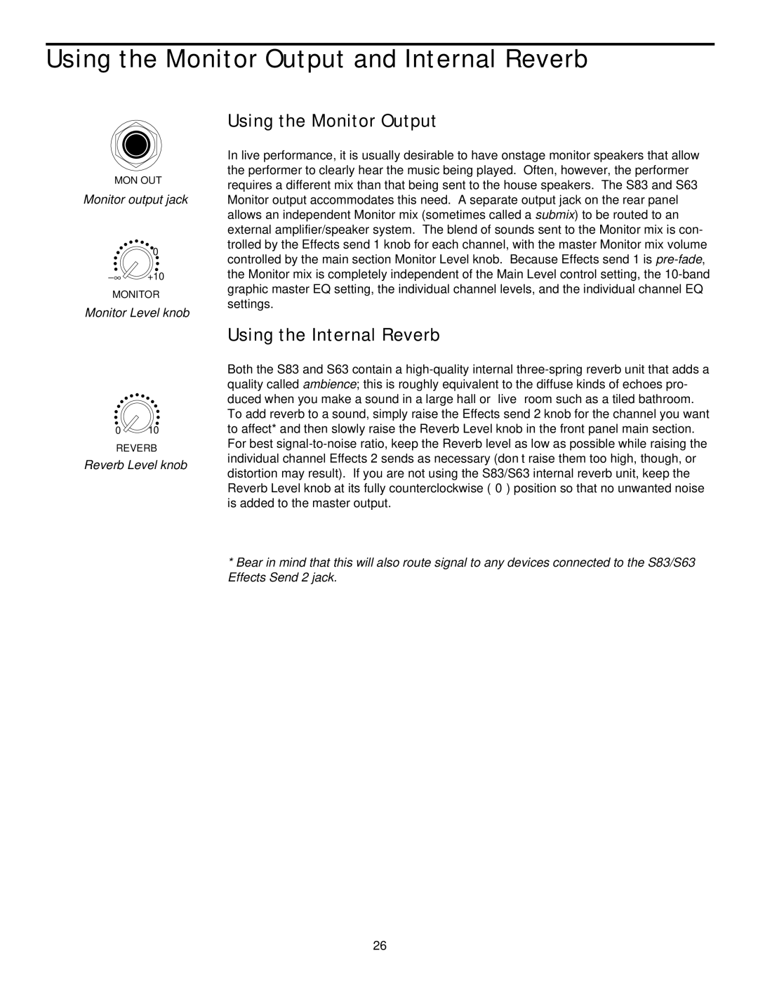 Samson S63, S83 manual Using the Monitor Output and Internal Reverb 