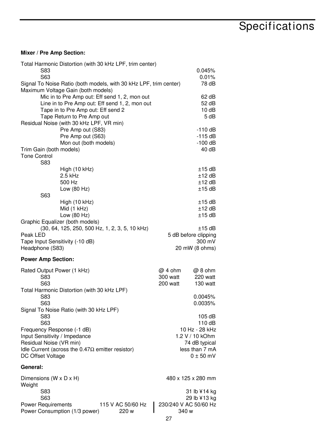 Samson S63, S83 manual Specifications, Mixer / Pre Amp Section 