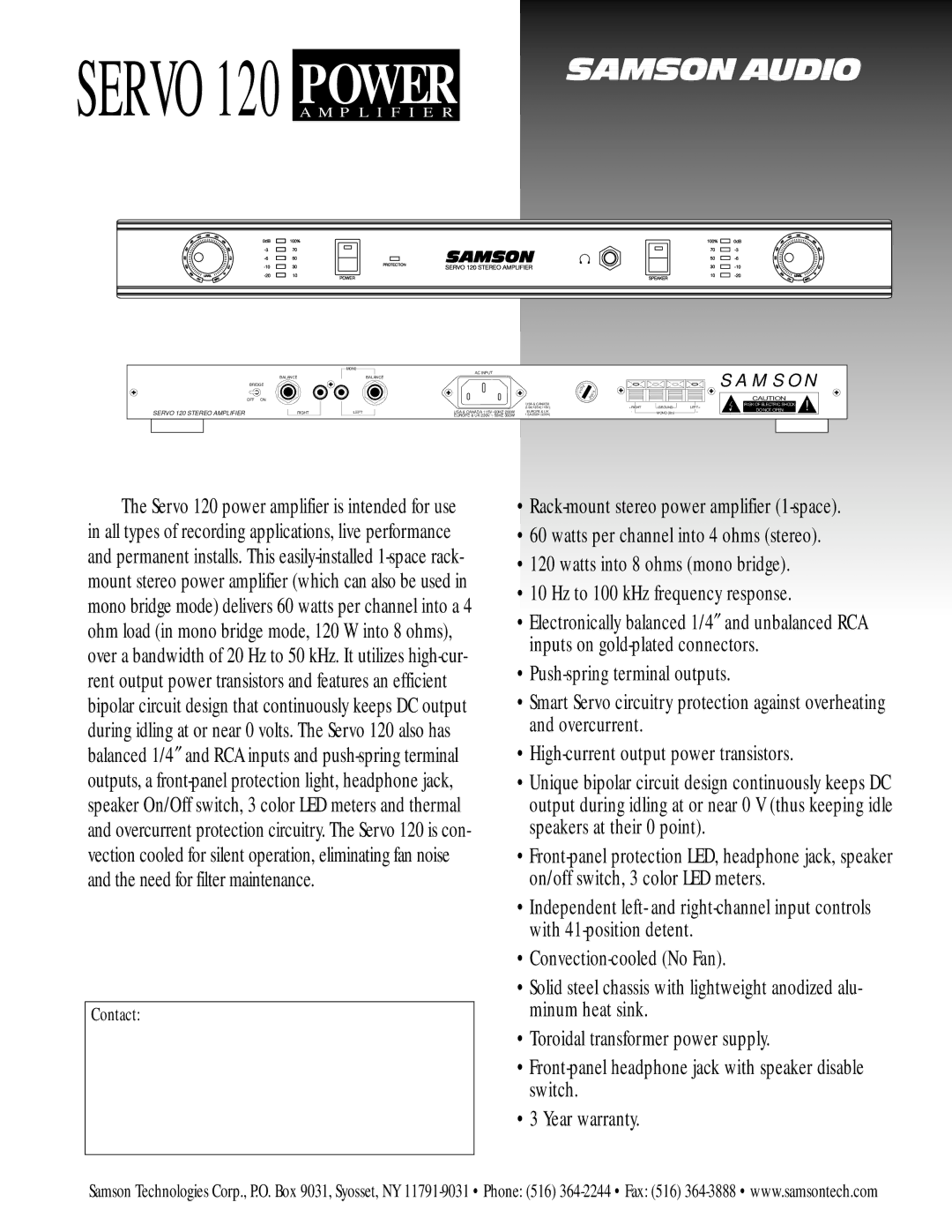 Samson warranty Servo 120 Power, Samson, P L I F I E R, Servo 120 Stereo Amplifier 