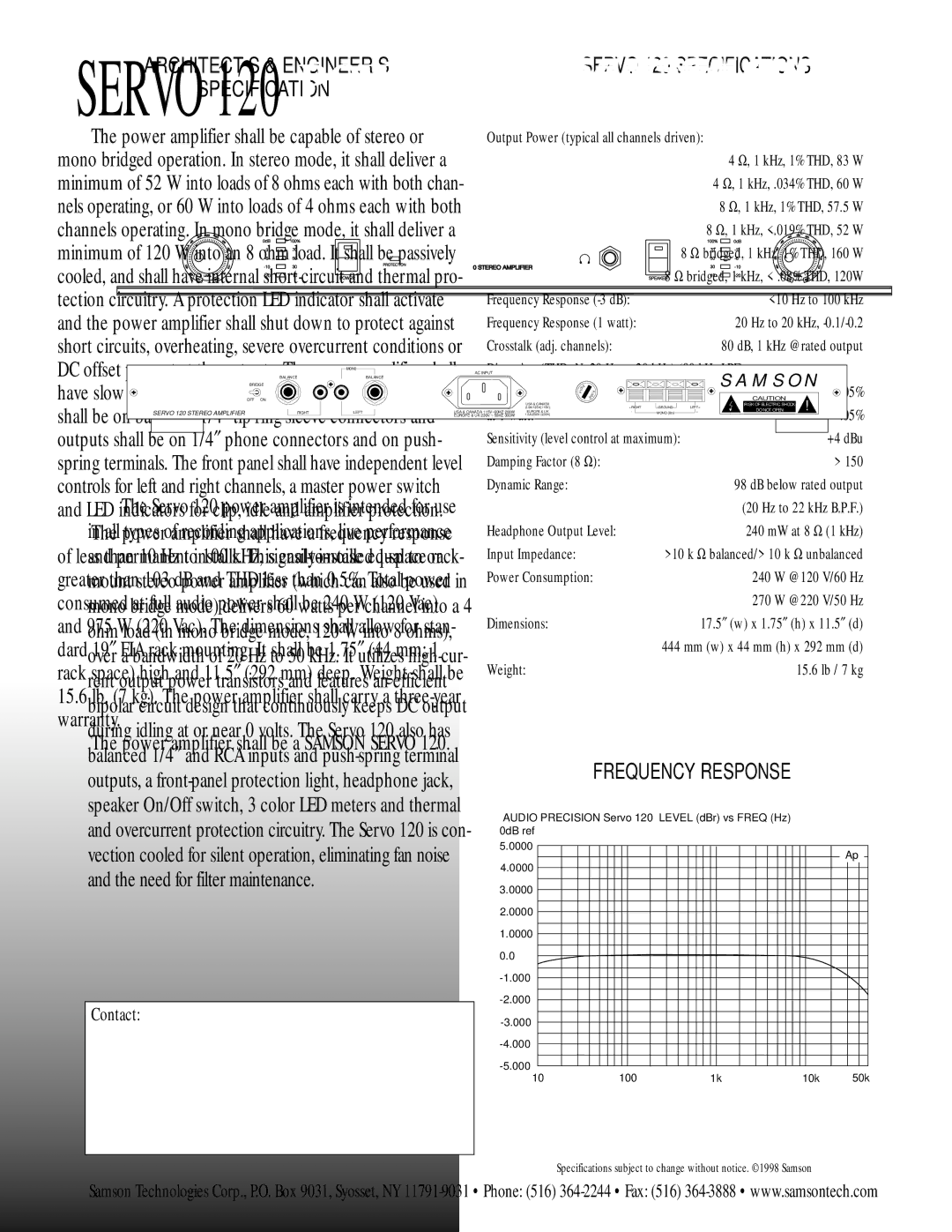 Samson warranty ARCHITECT’S & ENGINEER’S Specification, Servo 120 Specifications, Frequency Response 