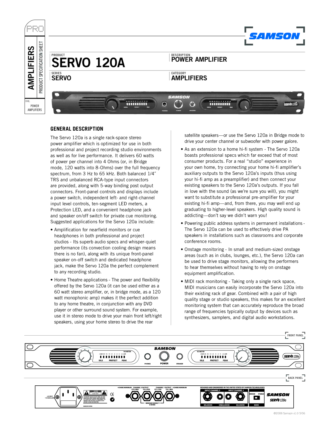 Samson SERVO 120A specifications Servo 120A, Power Amplifier, Amplifiers, General Description 