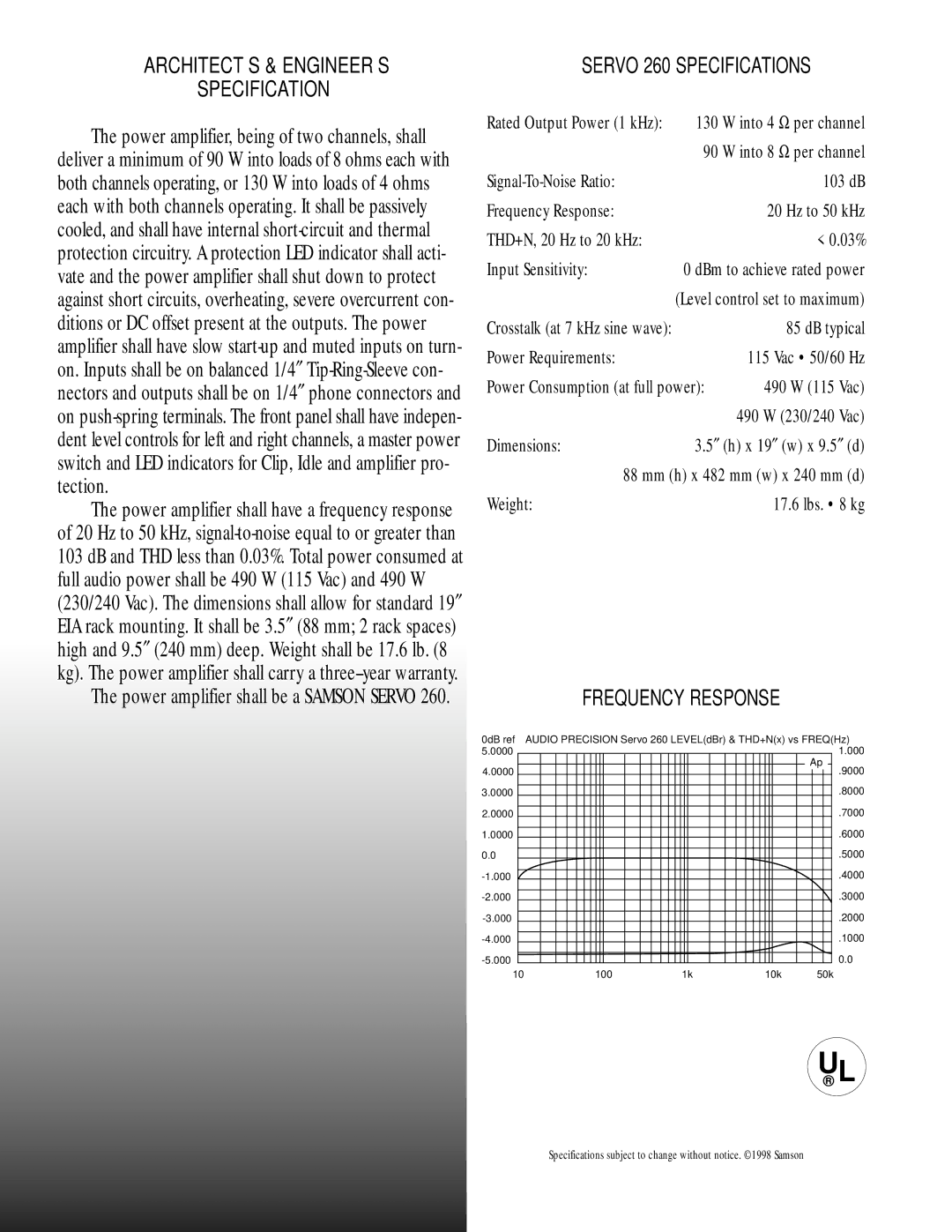 Samson manual ARCHITECT’S & ENGINEER’S Specification, Servo 260 Specifications 