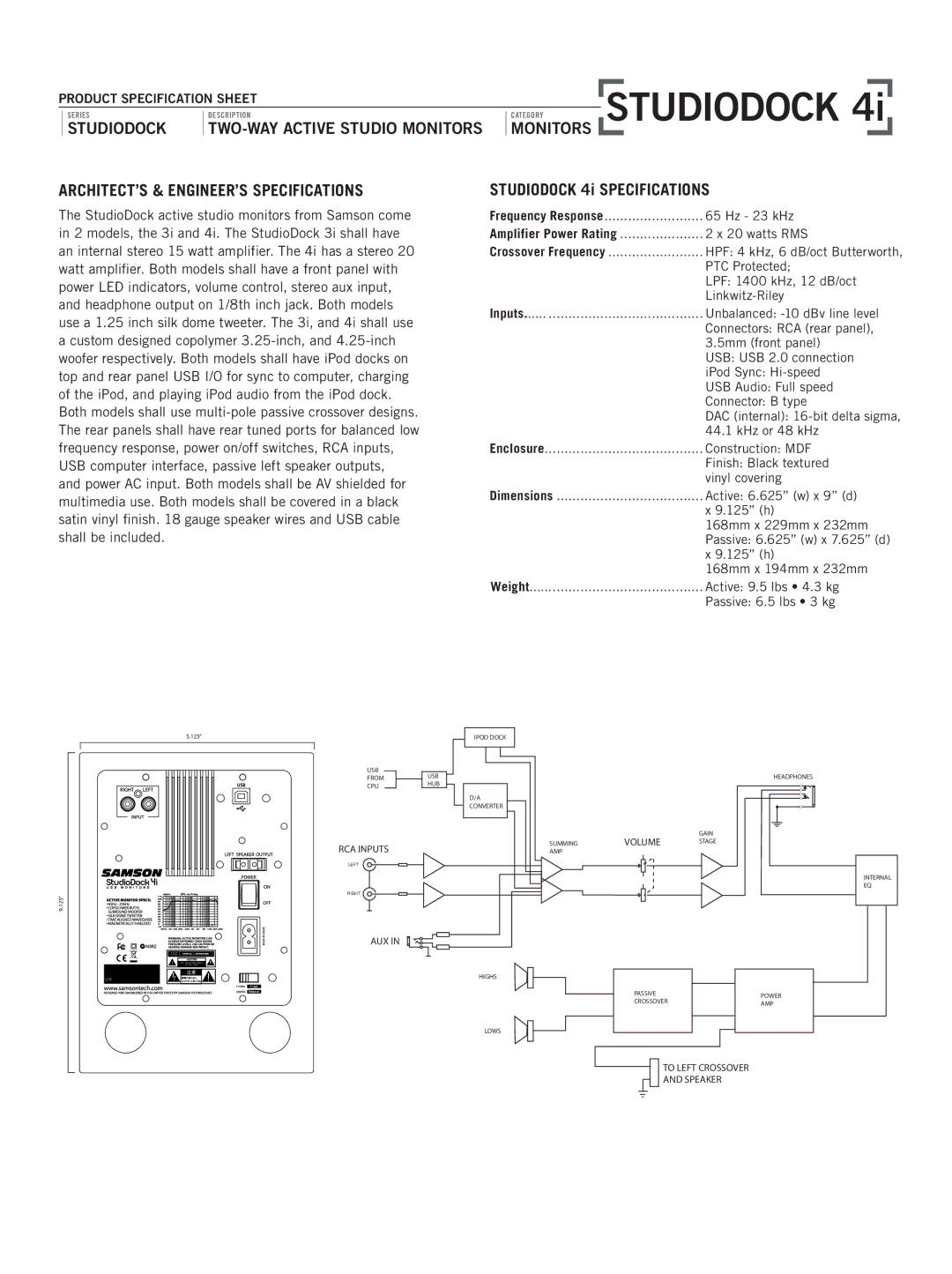 Samson STUDIODOCK 4i specifications Studiodock, ARCHITECT’S & ENGINEER’S Specifications, STudiodock 4i Specifications 