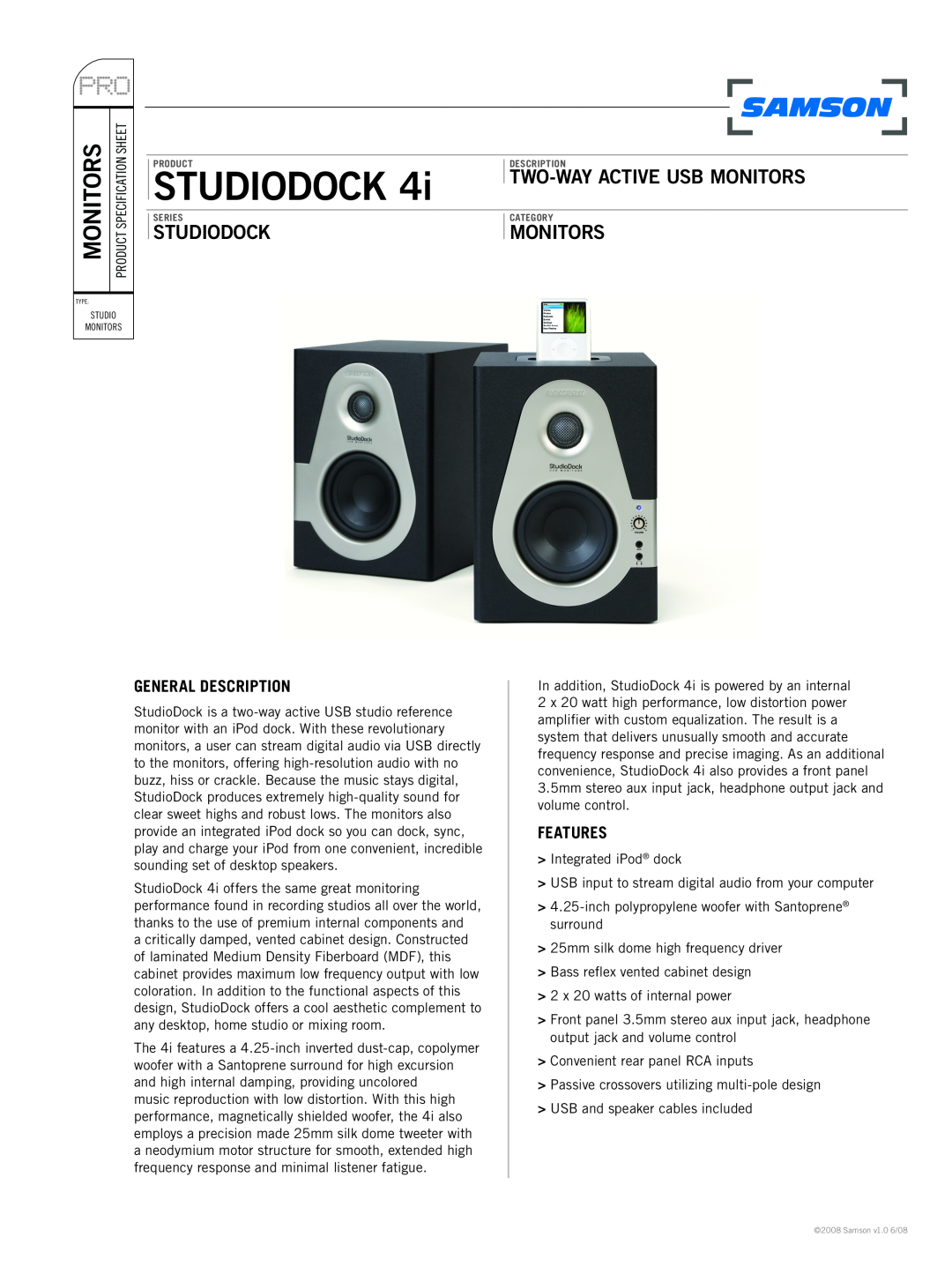 Samson STUDIODOCK 4i specifications General Description, Features, Studiodock, Two-Wayactive Usb Monitors 