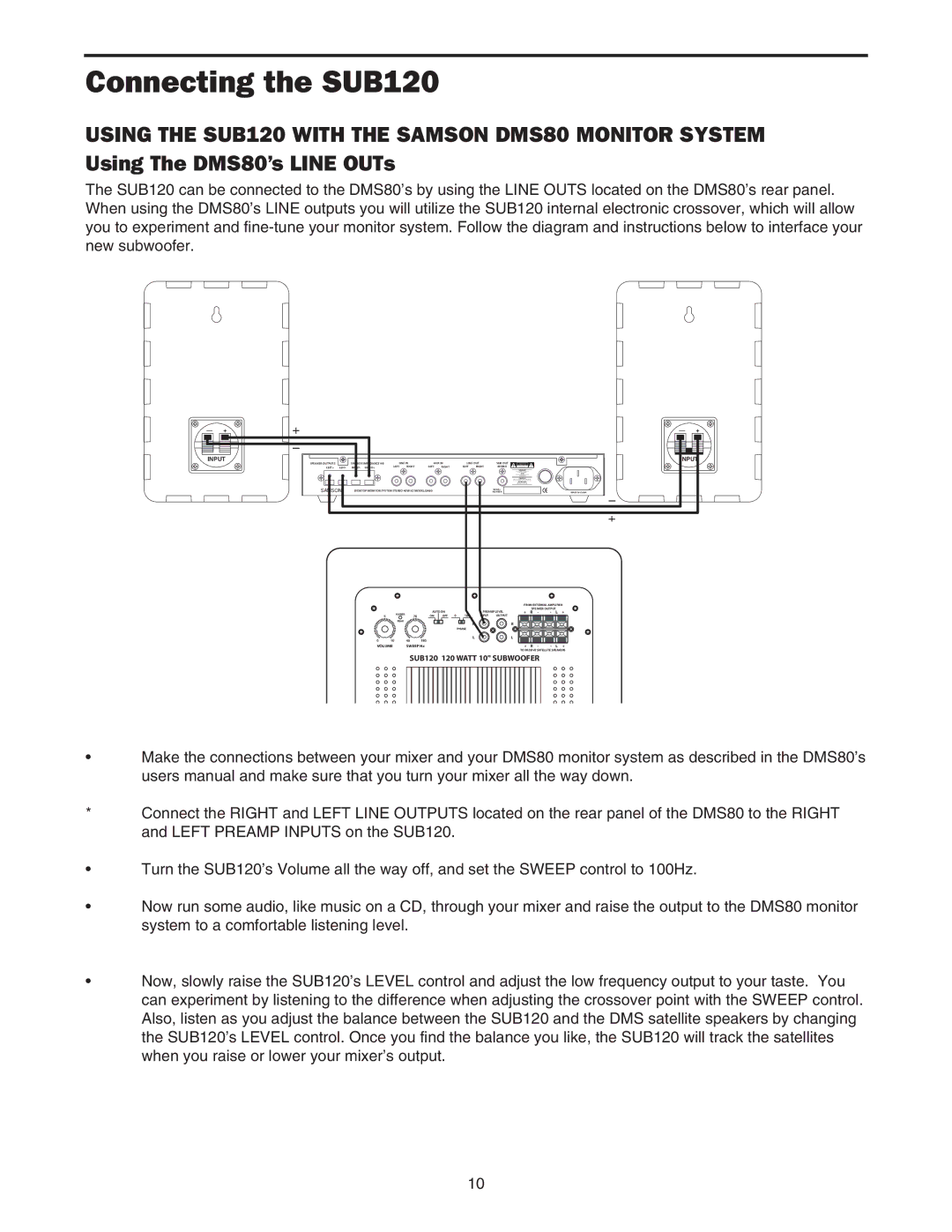 Samson Sub120 owner manual Connecting the SUB120 