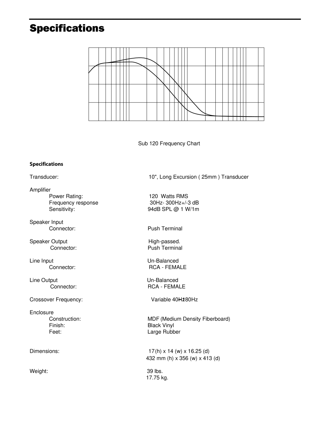 Samson Sub120 owner manual Specifications 