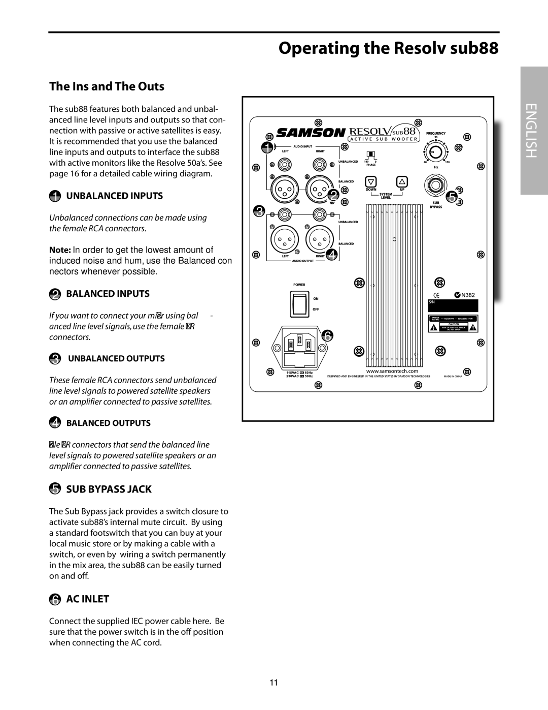 Samson SUB88 manual Operating the Resolv sub88, Ins and The Outs, SUB Bypass Jack, AC Inlet 