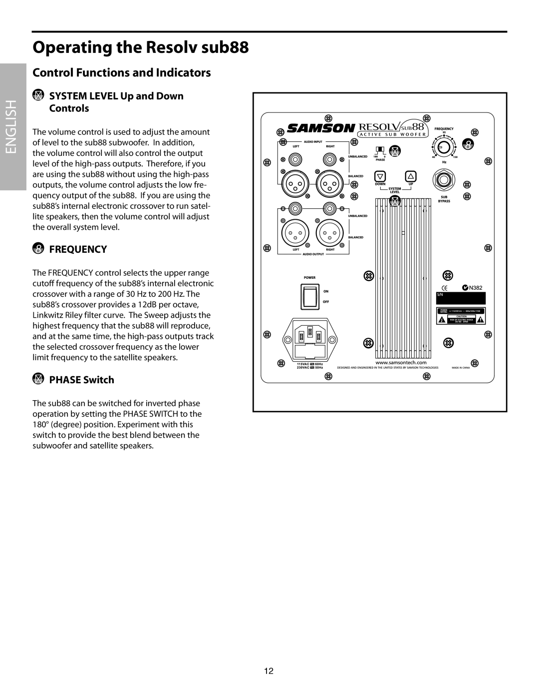 Samson SUB88 manual Control Functions and Indicators, System Level Up and Down Controls, Frequency, Phase Switch 